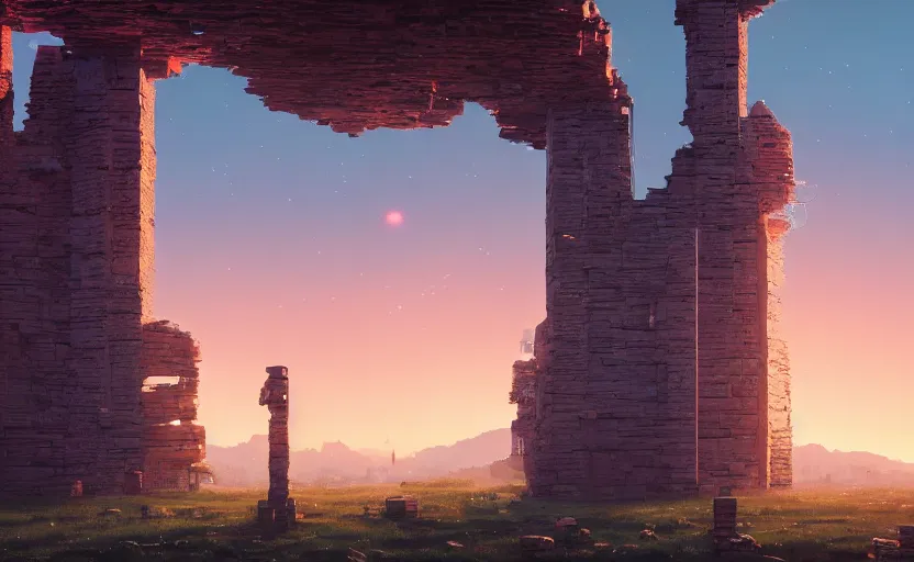 Image similar to A landscape with a giant stone brick tower with pillars on top at sunset, magical portal, cyberpunk, Low level, rendered by Beeple, Makoto Shinkai, syd meade, simon stålenhag, environment concept, synthwave style, digital art, unreal engine, WLOP, trending on artstation, 4K UHD image, octane render,