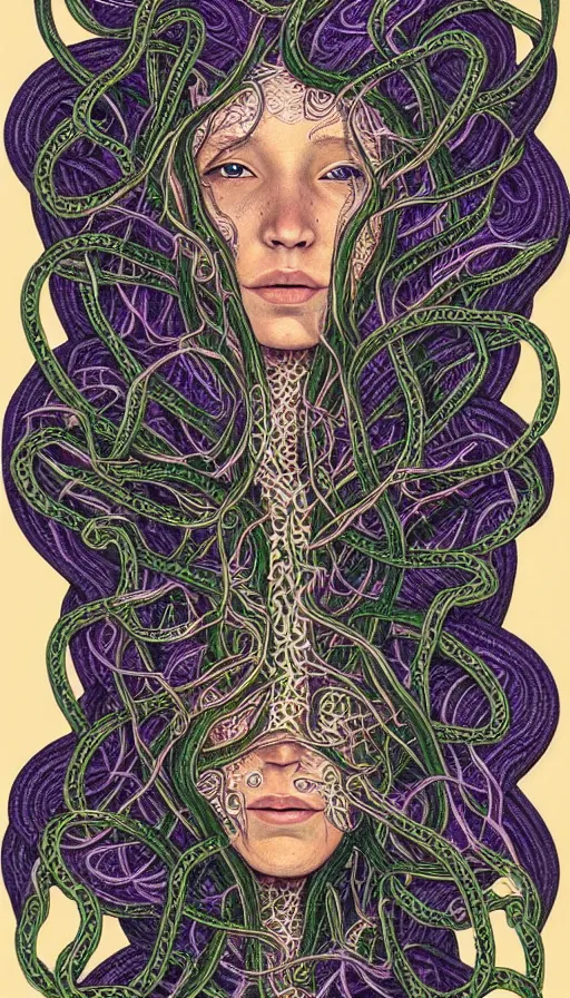 Prompt: very detailed portrait of a 2 0 years old girl surrounded by tentacles, the youg woman visage is blooming from fractal and vines, by alex grey,