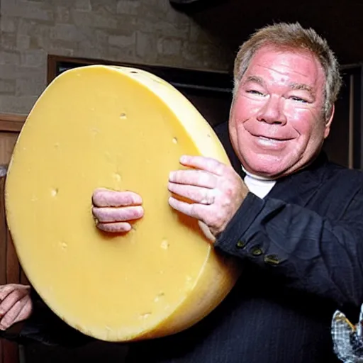 Prompt: william shatner eating a large wheel of cheese,