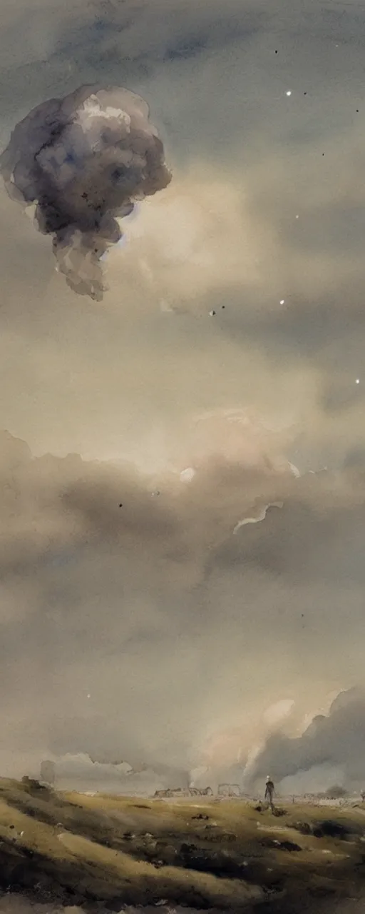 Prompt: a beautiful watercolor painting of a white landscape in the style of paul sandby and antonio guidotti, twenty meteors falling, distinct human figure standing still, a hundred indistinct human figures standing still, ash falling from the sky, in the horizon a gigantic mushroom cloud, 8 k, trending on artstation, pastel color scheme