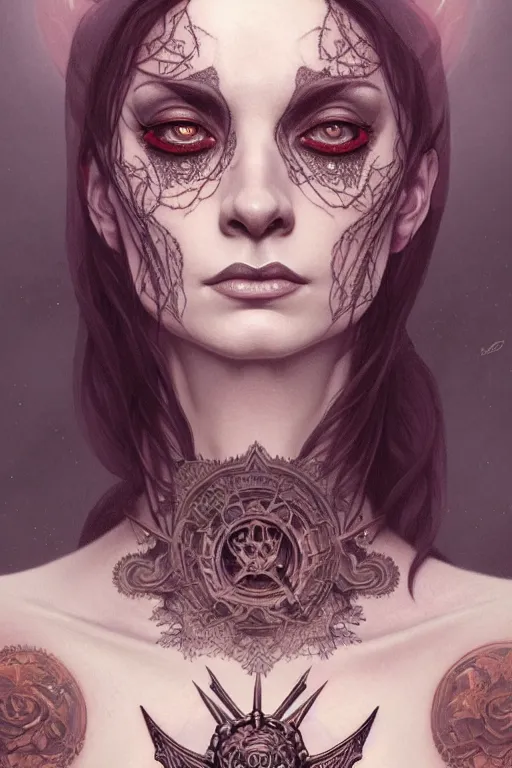 Image similar to portrait of a satanic witch, tattooed face, upper body, decorated, intricate, elegant, highly detailed, digital painting, artstation, concept art, smooth, sharp focus, illustration, art by artgerm and greg rutkowski and alphonse mucha, 8 k