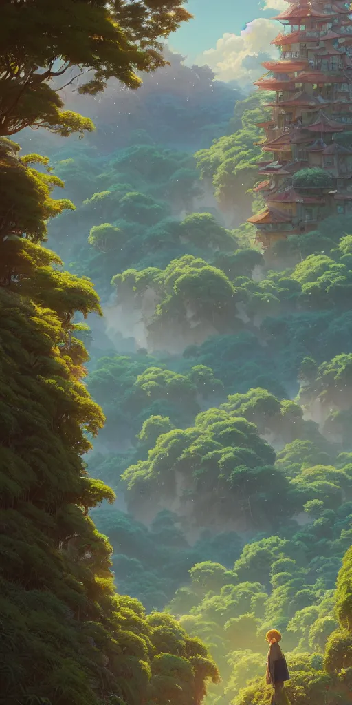 Image similar to highly detailed vfx panoramic landscape of studio ghibli, stephen bliss, unreal engine, greg rutkowski, loish, rhads, beeple, makoto shinkai and lois van baarle, ilya kuvshinov, rossdraws, tom bagshaw, alphonse mucha, global illumination, detailed and intricate environment