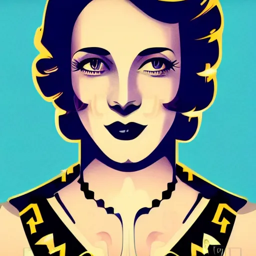 Image similar to smiling, happy, beautiful, intelligent, powerful 1 9 2 0 s movie star loving eyes, fully clothed, casual clothing, wise, beautiful, dramatic lighting, sharp focus, art deco patterns by stanley artgerm, retro futurism, dramatic lighting, trending on artstation, flat colour, geometric curves, gradient filter