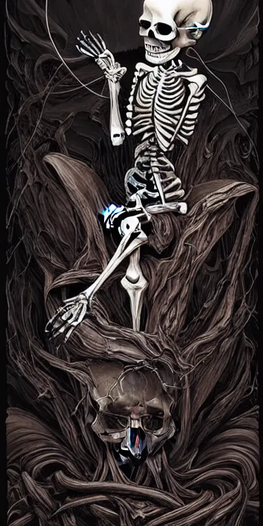 Prompt: a painting of a skeleton sitting on a throne, poster art by Petros Afshar, James Jean, Joe Fenton, Lise Deharme, Anne Stokes, Brian Despain behance contest winner, gothic art, tarot card, apocalypse art, behance hd, macabre poster art, gothic art