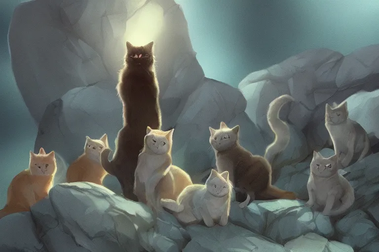 Image similar to cat standing on a rock in front of a crowd of cats, dramatic, backlighting, trending on artstation, digital art, trending on furaffinity, by kawacy