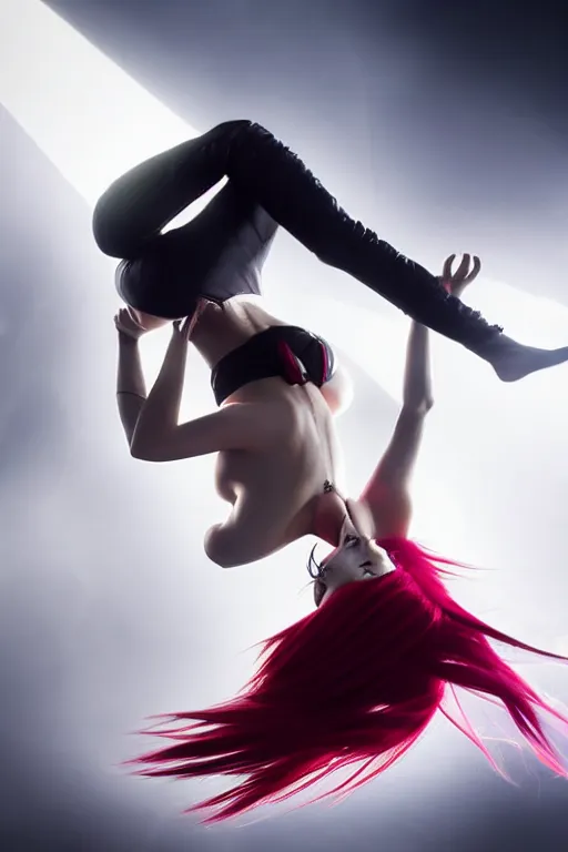 Image similar to Katarina from League of Legends doing a backflip, photorealistic, studio lighting, white ambient background, highly detailed
