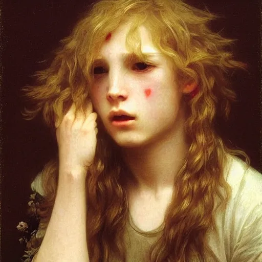 Prompt: a teen boy with long shaggy blonde hair crying angry tears. By Bouguereau. Ruan Jia. Ayami Kojima. Masterpiece
