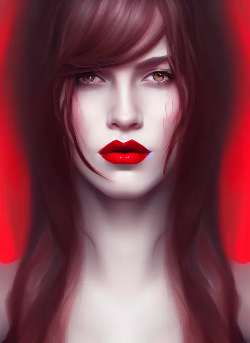 Prompt: portrait of female, red lips, dark hair, intricate, elegant, highly detailed, digital painting, artstation, concept art, smooth, sharp focus, illustration