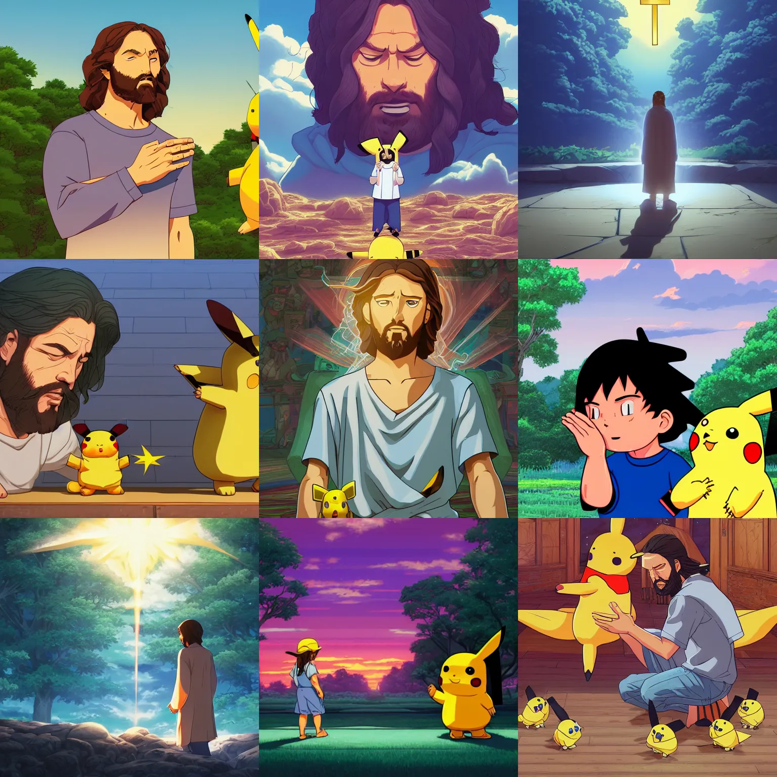 Prompt: a portrait of jesus praying to pikachu god by dan mumford, yusuke murata and makoto shinkai, 8 k, cel shaded, unreal engine, featured on artstation, pixiv