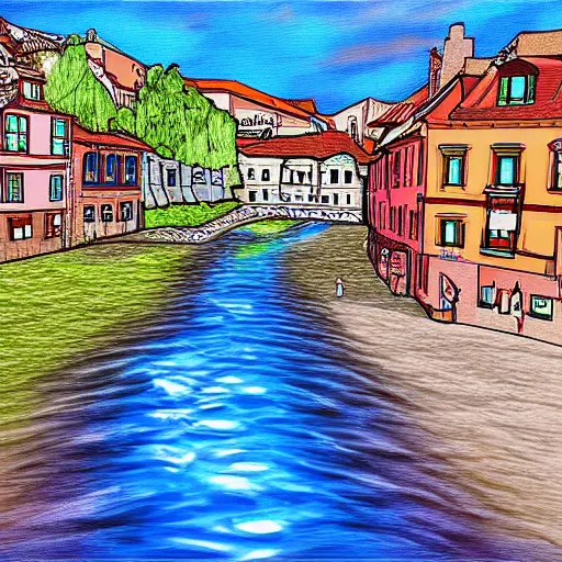 Prompt: digital art painting of a river running through a european town, very mediocre, not detailed at all.