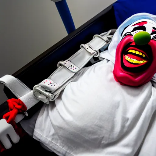 Image similar to confused laughing clown lying in hospital bed with wrist restraints on, restraints have fabric straps attached to hospital bed, photograph, 8 k