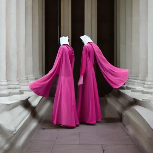 Image similar to photo of wearing pointed hats, translucent dresses, two freaky levitating twin nuns