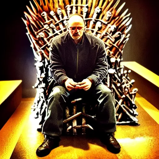 Image similar to “Very crisp close-up photo of Walter White sitting on the Iron Throne from Game of Thrones, atmospheric lighting, award-winning details”