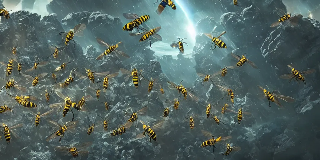 Prompt: Planetary annihilation by form of WASPS, realistic 4k octane beautifully detailed render, 4k post-processing, highly detailed, intricate complexity, epic composition, magical atmosphere, cinematic lighting, masterpiece, ultra hd