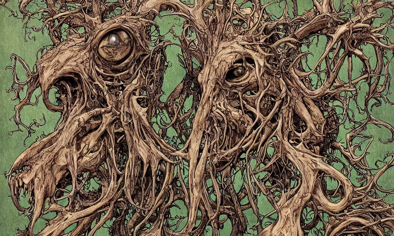 Prompt: hyperdetailed art nouveau portrait of treebeard as a cthulhu eyeball moose skull wendigo cryptid monster, by geof darrow, simon bisley and bill sienkiewicz, grim yet sparkling atmosphere, photorealism, claws, skeleton, antlers, fangs, forest, wild, crazy, horror, lynn varley, lovern kindzierski, steve oliff