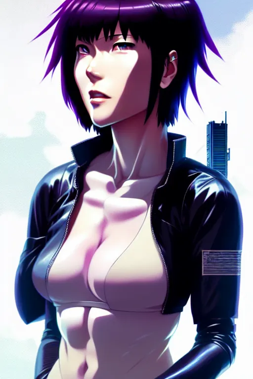 Image similar to a fullbody portrait of motoko kusanagi the major ghost in the shell : : stand alone complex, under repairs, maintenance : : by ilya kuvshinov, rossdraws, artgerm, sola digital arts, anti aliasing, raytracing : :