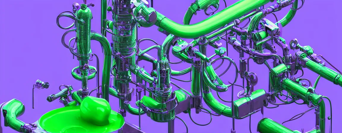 Image similar to a machine for making snake oil, purple and green, highly technical, art by glenn fabry and ed roth, 3 d rendering by beeple, fine detail, 8 k, snake machine