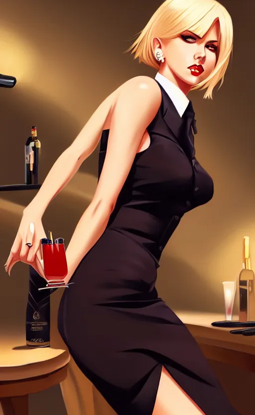 Prompt: an attractive blonde femme fatale woman, wearing a cocktail dress, pointing a pistol, anime. realistic shaded lighting by ilya kuvshinov giuseppe dangelico pino and michael garmash and rob rey, no signature, 8 k