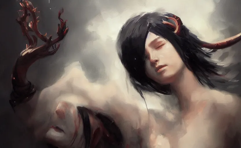 Image similar to a painting of aki trending on artstation in the style of greg rutkowski, beautiful, sensuality, natural skin, horns on head, long black hair