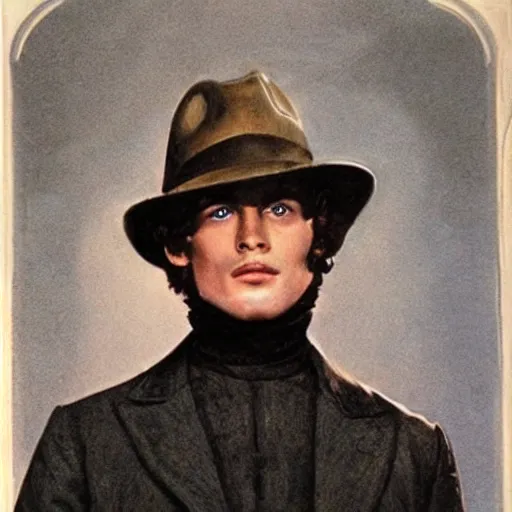 Image similar to Paul Atreides wearing a fedora,