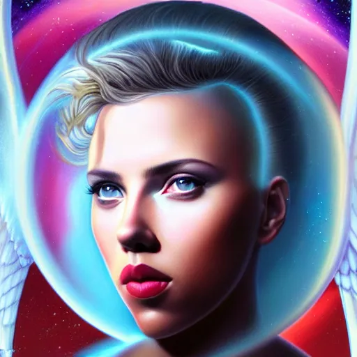 Prompt: cosmic holy angel portrait of scarlett johansson, divine light and clouds, Pixar style, by Tristan Eaton Stanley Artgerm and Tom Bagshaw.