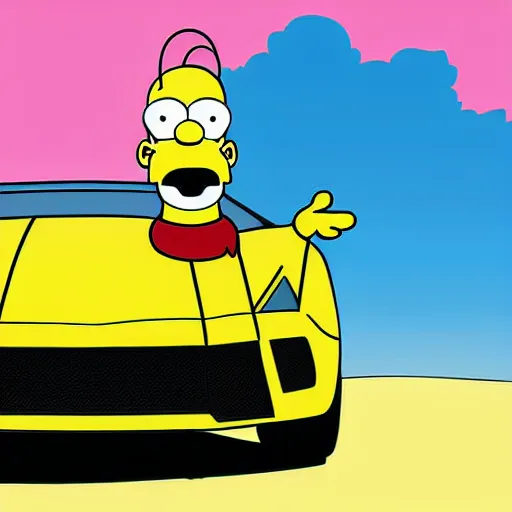 Prompt: Homer Simpson driving a Lamborghini, digital art.