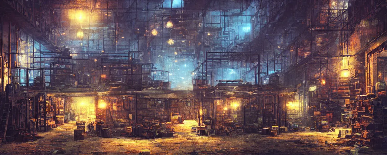 Prompt: ” dusty old warehouse filled with boxes lit by a gas lamp, [ art by paul lehr, cinematic, detailed, epic, widescreen, opening, establishing, mattepainting, photorealistic, realistic textures, octane render ] ”