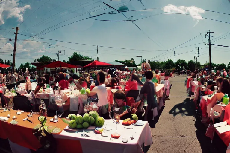 Prompt: 2 0 1 2 watermelon diner, tables repeat endlessly into the horizon, y 2 k cybercore cutecore fruitcore, one point perspective, americana photodiary