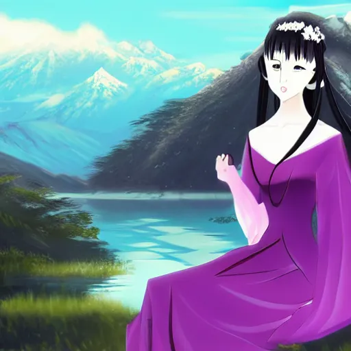 Image similar to elegant chinese princess with purple eyes, sitting by a lake, mountains in background, anime style, award winning art