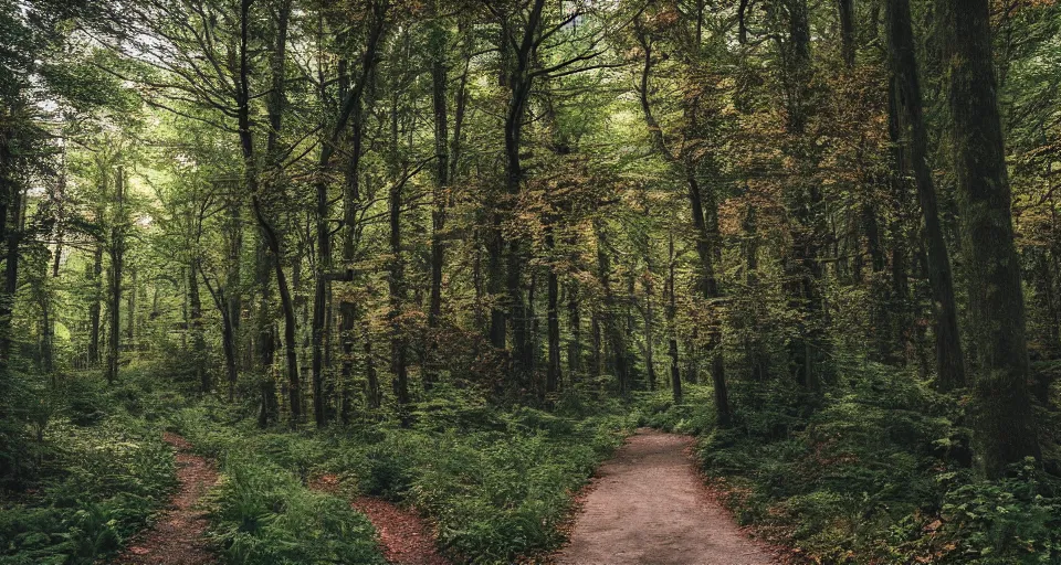 Image similar to A landscape photo of beautiful forest pathway scenery. PROMPT, XF IQ4, 150MP, 50mm, f/1.4, ISO 200, 1/160s, natural light, Adobe Photoshop, Adobe Lightroom, DxO Photolab, Corel PaintShop Pro, rule of thirds, symmetrical balance, depth layering, polarizing filter, Sense of Depth, AI enhanced