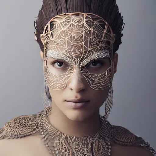 Prompt: a regal brown woman wearing an intricate and detailed armor made of ocean waves. layers. textures. delicate. elaborate. translucent. soft. ethereal. fragile. vulnerable. studio portrait. photorealistic. octane render