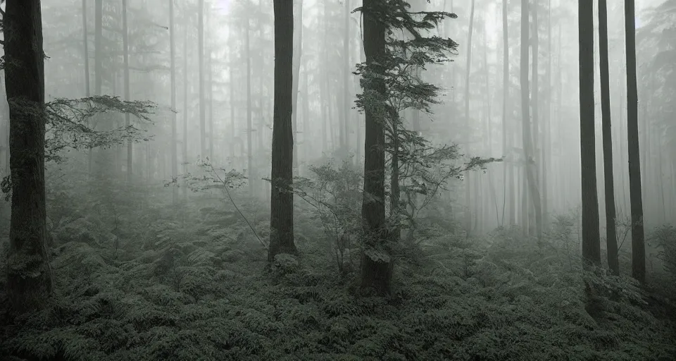 Prompt: deep inside the forest, fog, mist, moss, ferns, by ansel adams, polaroid