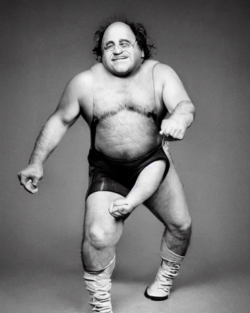 Image similar to portrait of danny devito as a professional wrestler. photographic, photography