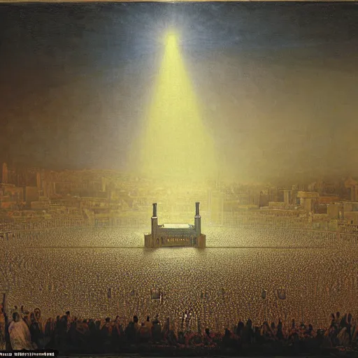 Image similar to painting of mecca on hajj day, highly detailed, volumetric lighting, god rays, by gustave dore and john collier