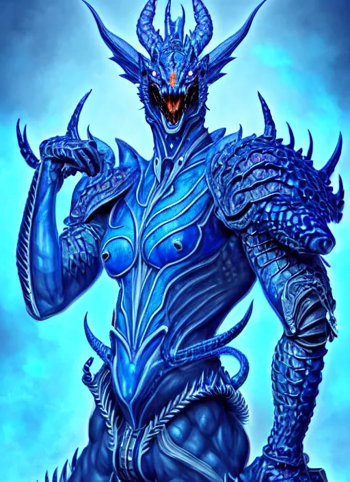 Image similar to muscular and tall blue ghostly fire humanoid dragon!!!! draconian!! intricate ornate iridescent heavy armor!! character concept art, sharp focus, octane render! unreal engine 5! highly rendered!! trending on artstation!! detailed linework!! illustration by artgerm, wlop, and chie yoshii