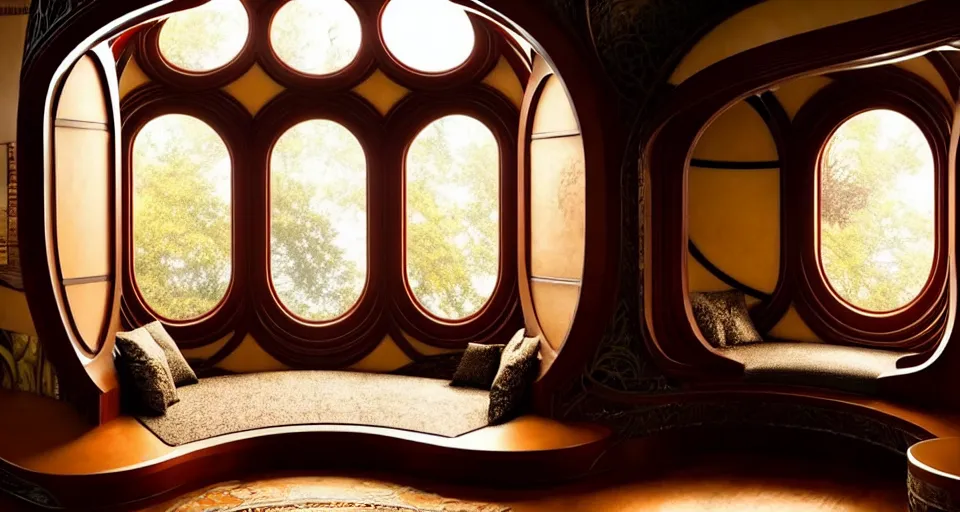 Prompt: An incredibly beautiful scene from a 2022 Marvel film featuring a cozy art nouveau reading nook. 8K UHD.