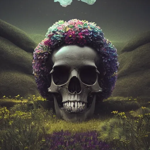 Prompt: beautiful dark landscape, giant skull with beautiful flowers growing in the style of beeple and Mike Winkelmann, intricate, epic lighting, cinimatic composition, hyperrealistic, 8k resolution,