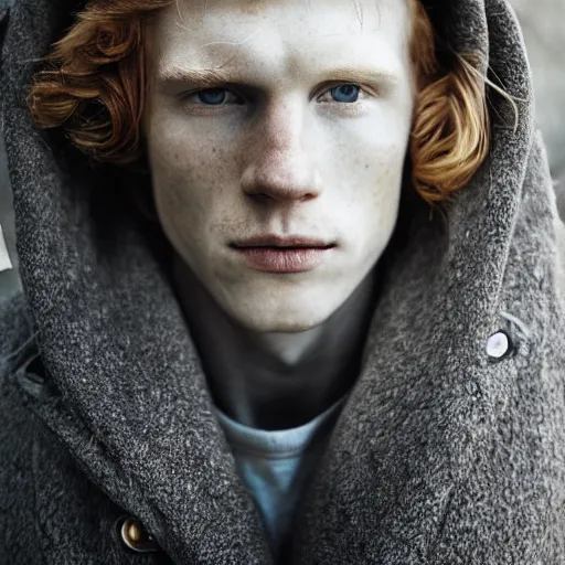 Image similar to color portrait of a very pale, freckly, ginger male model by emmanuel lubezki