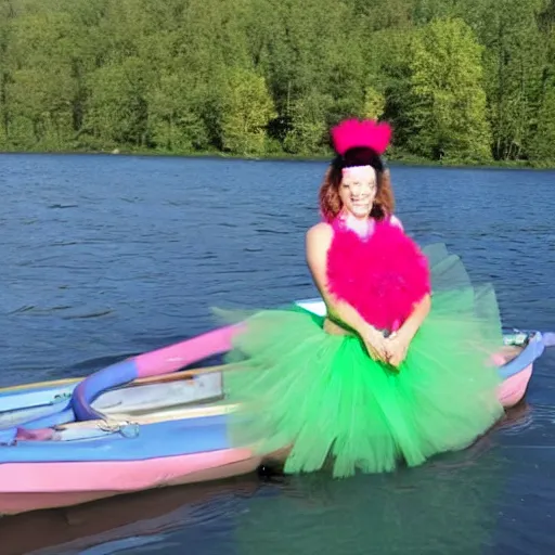 Image similar to ( ( green putin wearing a pink tutu ) ), on a boat on a lake