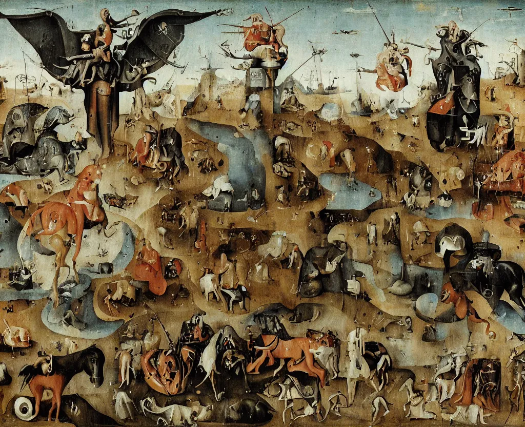 Image similar to the four horsemen of the apocalypse in a modern industrial park as by hieronymus bosch