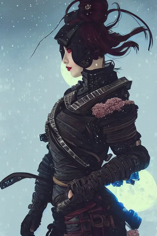 Image similar to portrait ninja gaiden girl, armored dieselpunk wardrobe, at snowy fuji mountain moonlight, ssci - fi and fantasy, intricate and very beautiful and elegant, highly detailed, digital painting, artstation, concept art, smooth and sharp focus, illustration, art by tian zi and alphonse mucha and wlop