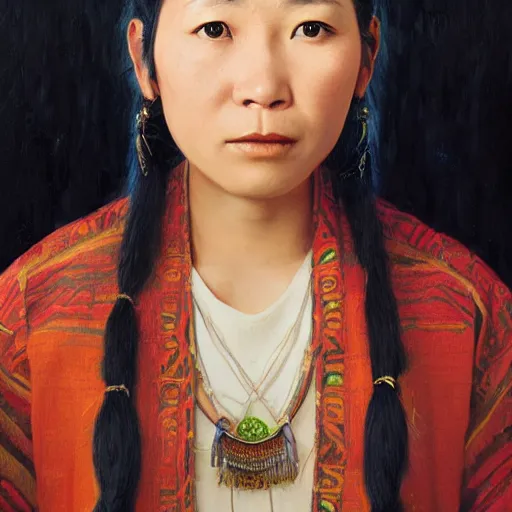 Prompt: portrait of a young pangcah people woman ( 3 5 ) from taiwan in 2 0 2 1, an oil painting by ross tran and thomas kincade