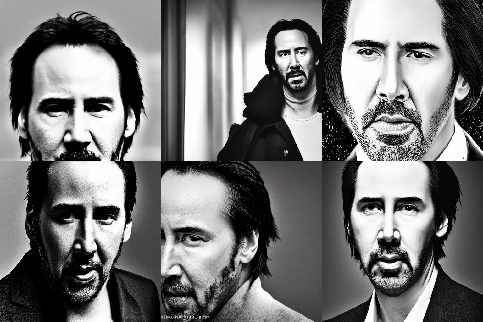 Prompt: nicholas cage as keanu reeves, portrait, 5 0 mm