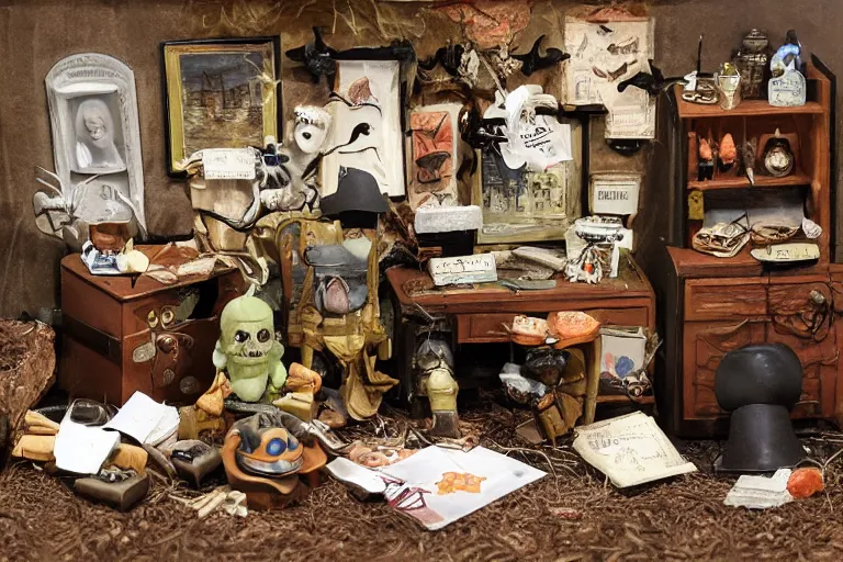 Prompt: diorama of scattered items, spooky, scary, walter wick and jean marzollo