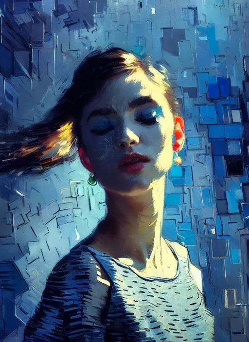 Image similar to portrait of beautiful girl, ecstatic, dancing, eyes closed, shades of blue and grey, new york backdrop, beautiful face, rule of thirds, intricate outfit, spotlight, by greg rutkowski, by jeremy mann, by francoise nielly, by van gogh, digital painting