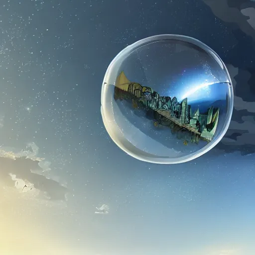 Image similar to giant city floating in a bubble in space, artstation, detailed, drawing