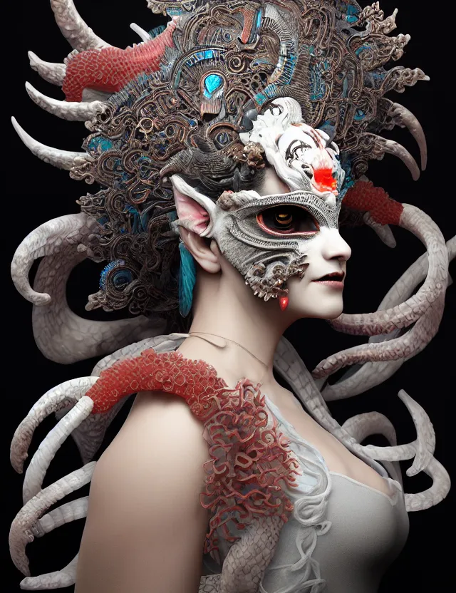 Image similar to 3 d goddess of hell close - up profile portrait with ram skull. beautiful intricately detailed japanese crow kitsune mask and clasical japanese kimono. betta fish, jellyfish phoenix, bio luminescent, plasma, ice, water, wind, creature, artwork by tooth wu and wlop and beeple and greg rutkowski