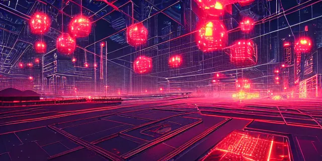 Image similar to glowing chains of interconnected network of technological cubes floating in the middle of a cyberpunk tokyo 2 0 9 9 city, in the art style of dan mumford and marc simonetii, atmospheric lighting, intricate, volumetric lighting, beautiful, sharp focus, ultra detailed