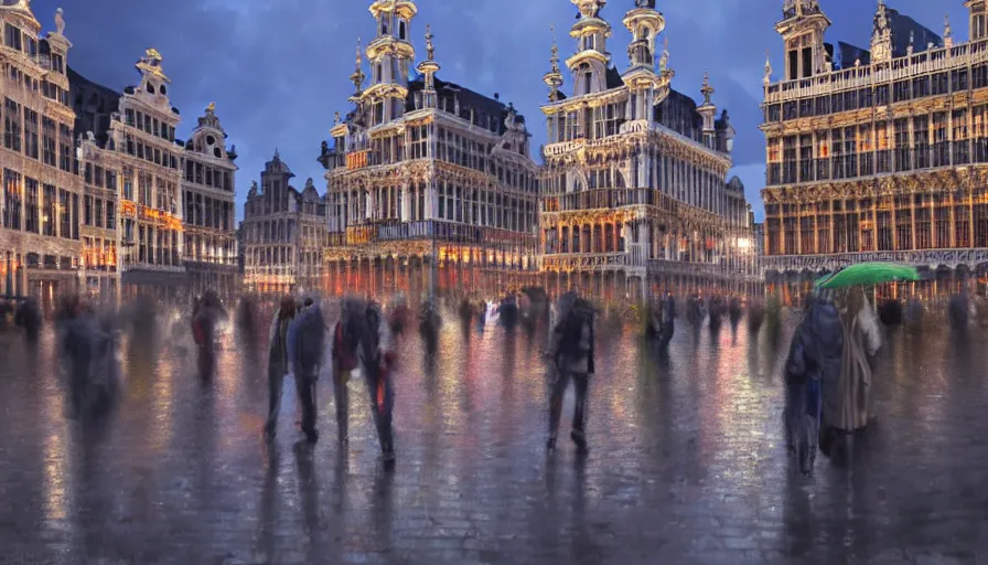 Prompt: grand place of brussels, rainy evening, people with umbrellas, hyperdetailed, artstation, cgsociety, 8 k