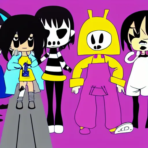 Prompt: six from little nightmares, lucy loud, noodle gorillaz phase 2, kris deltarune